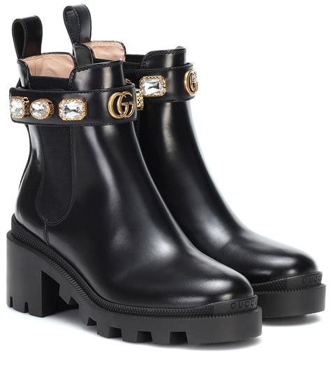 black leather gucci boots|Gucci embellished leather ankle boots.